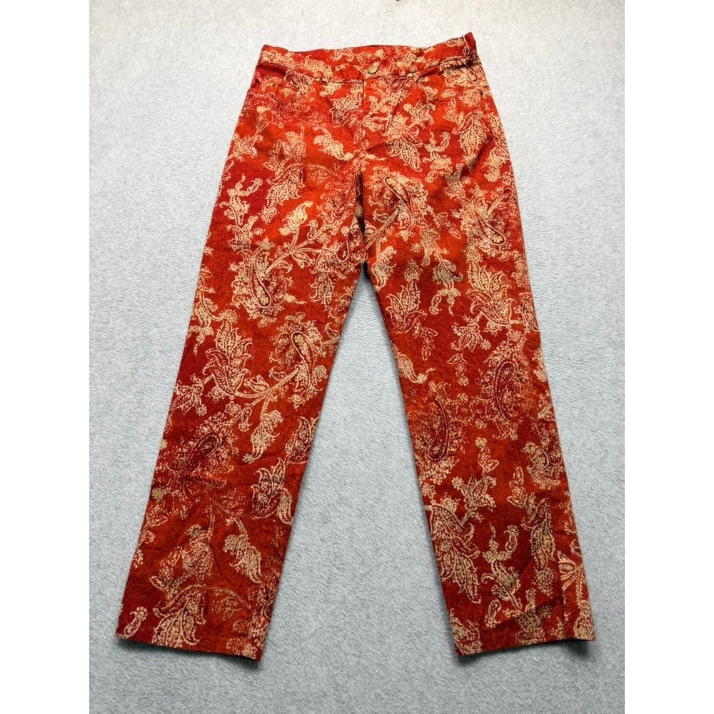 Womens Orange Paisley Print Straight Leg Pants Boho Floral Trousers Size 8